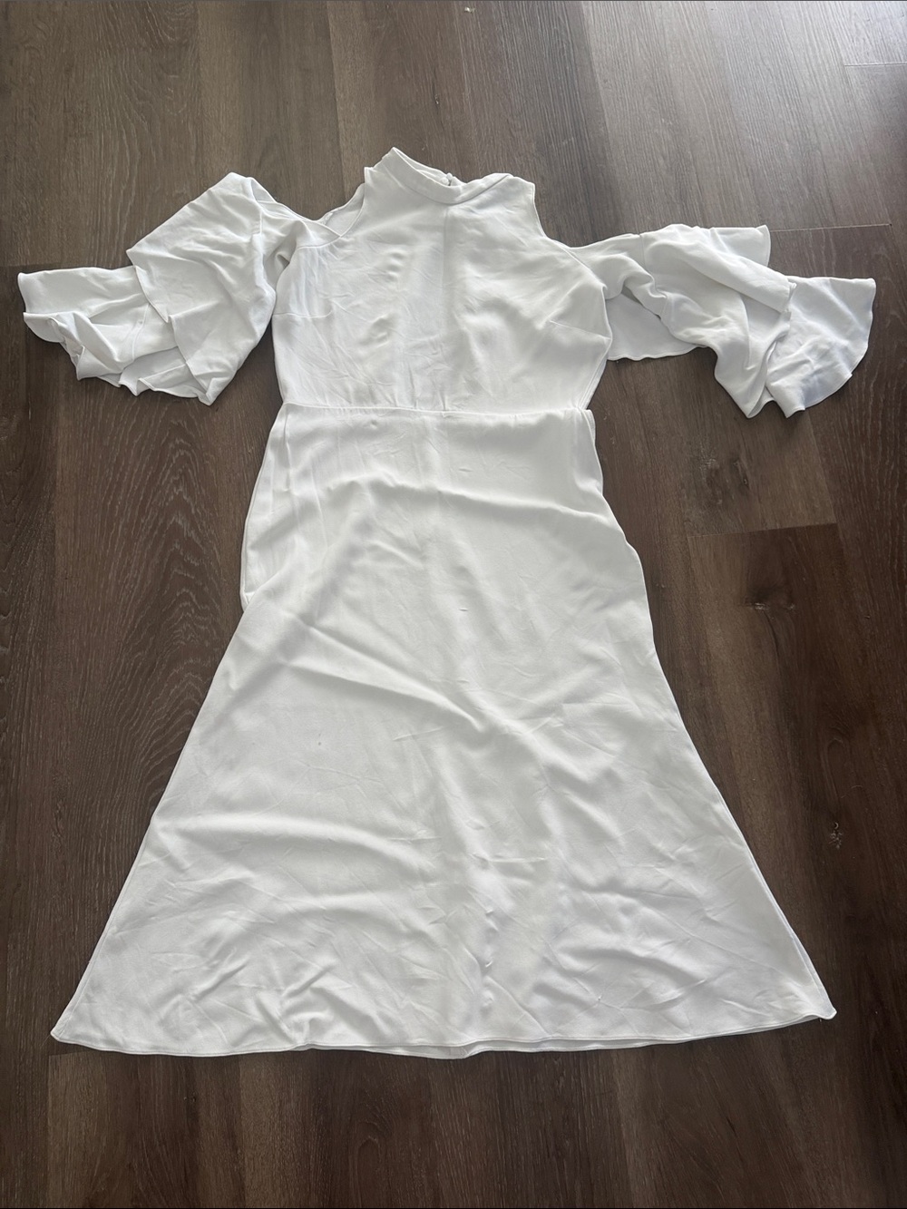 Zara White Cold-Shoulder Midi Dress with Ruffle Sleeves